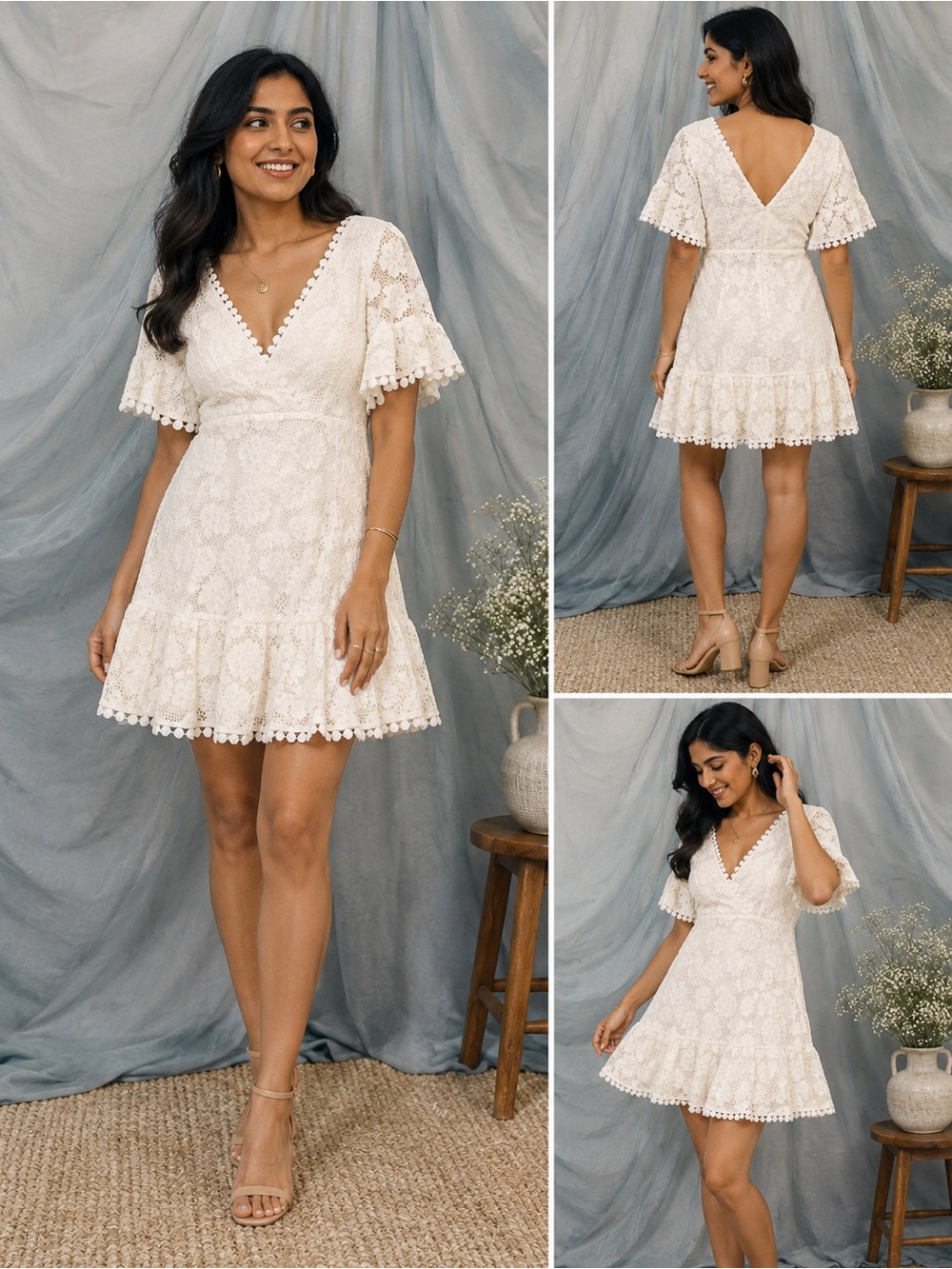 Indikah - Lace V-Neck White Mini Dress with Flared Sleeves